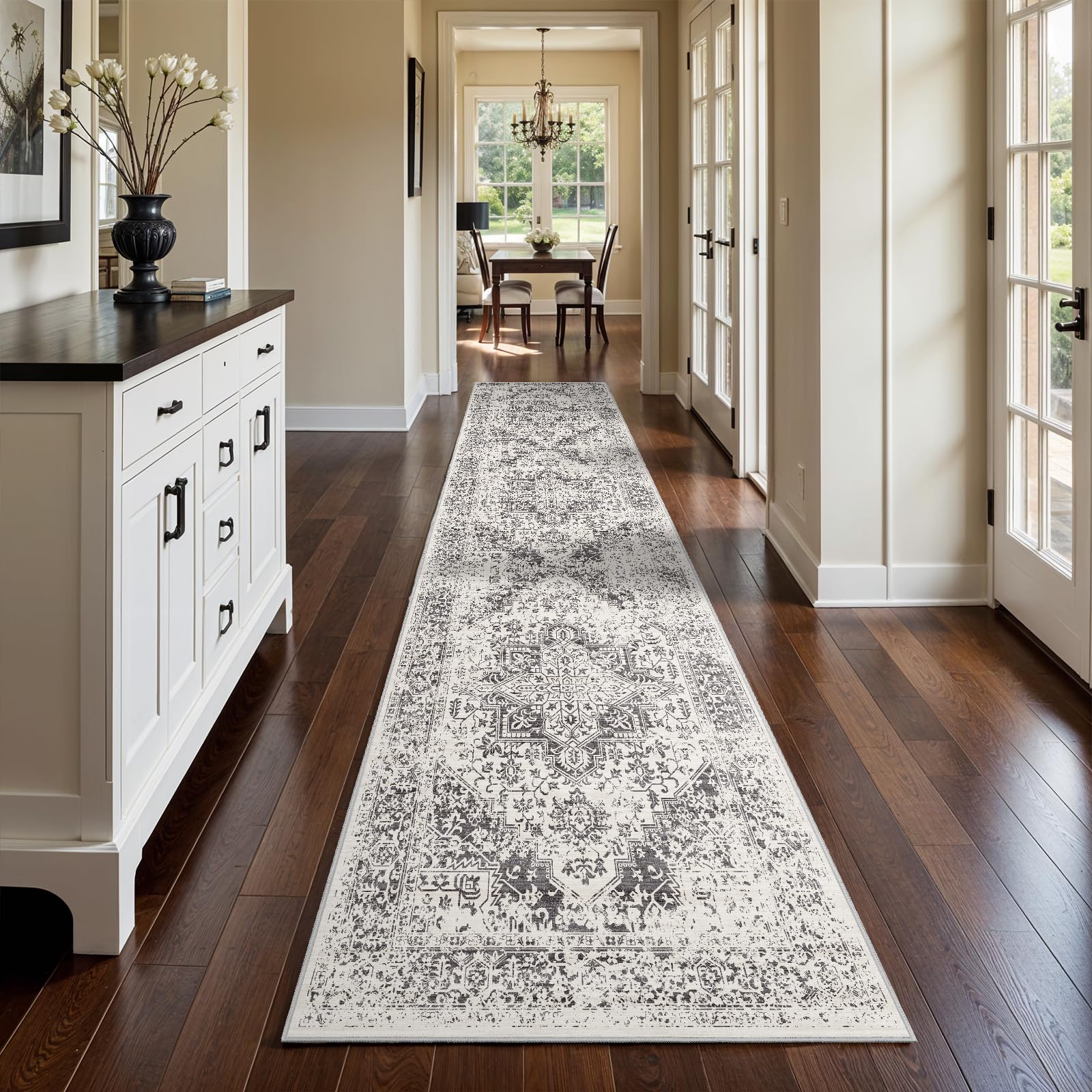 3x14 Washable Hallway Runner Rug: Long Vintage Soft Non Slip Rug Gray