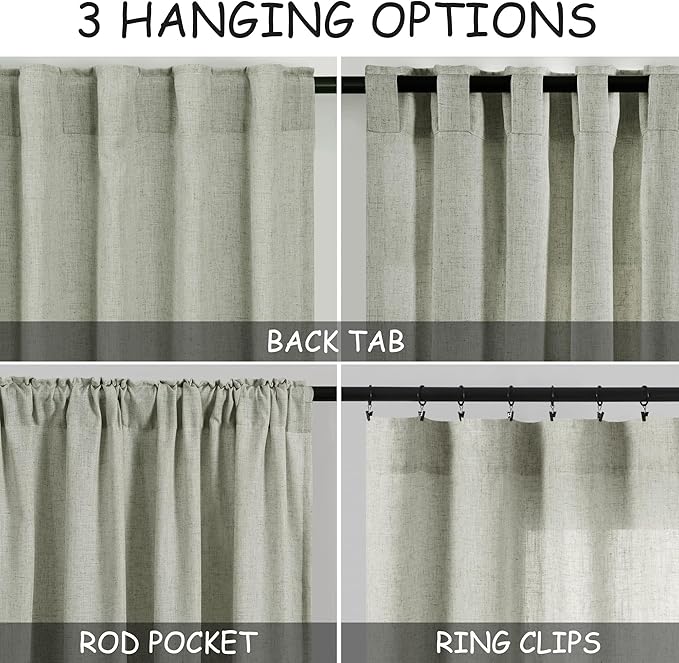 Nanspring Sage Green Semi Sheer Curtains 72 Inches Long 2 Panels Set for Bedroom Back Tab Rod Pocket Light Filtering Drapes Cotton Linen Textured Pale Green Farmhouse Living Room Curtain 52X72 Inch