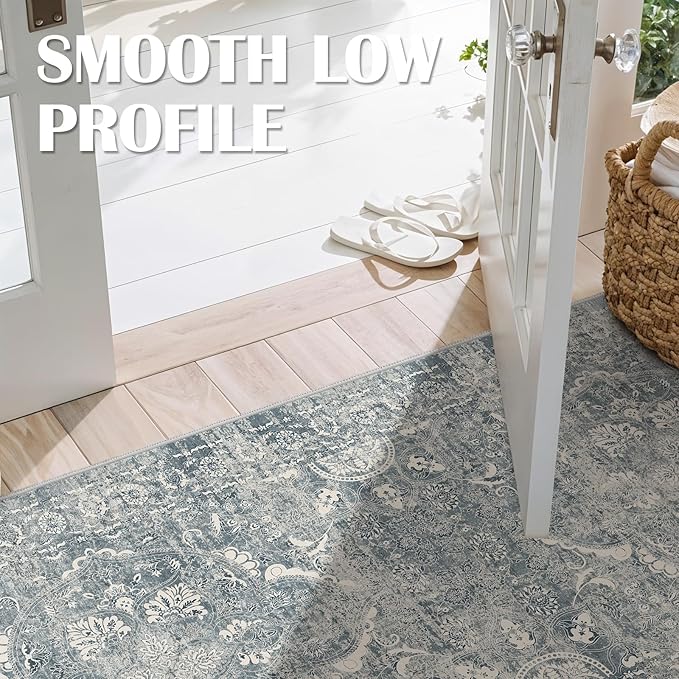 2'6"x8' Washable Hallway Runner Rug - Non Slip Kitchen Runner Rugs with Rubber Backing Vintage Low-Pile Carpet Runners for Entryway Dining Room Laundry Room Home Decor (Blue)
