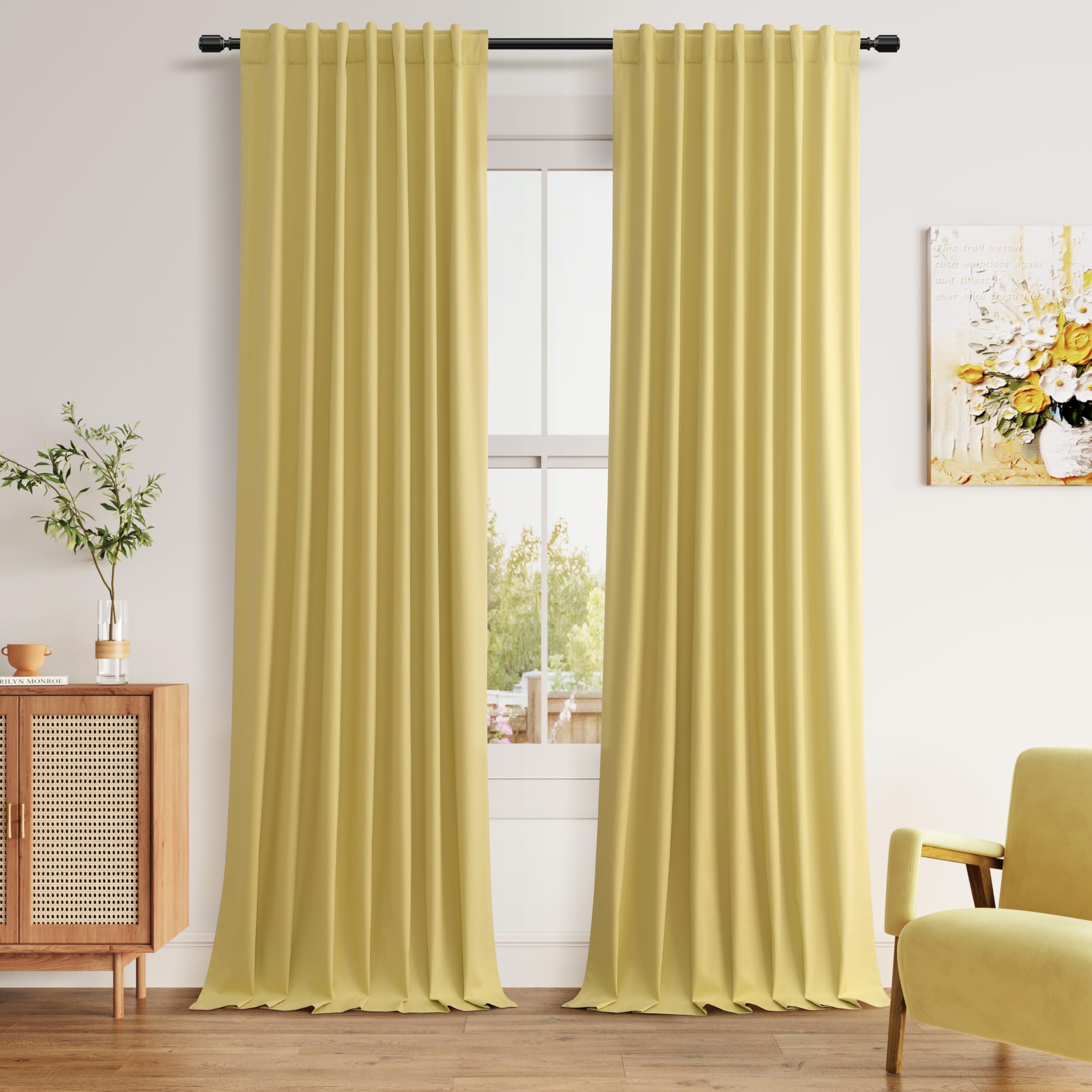 Guken Yellow 100% Blackout Linen Curtains 96 Inch Length 2 Panels Set for Living Room Bedroom Back Tab/Rod Pocket Thermal Insulated Black Out Drapes Room Darkening Window Curtains 96 Inches Long