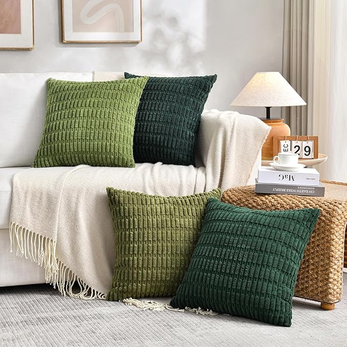 Fancy Homi 4 Packs Decorative Throw Pillow Covers for Living Room Couch Bed, Modern Farmhouse Boho Home Décor Accent Cushion Case, 18" x 18", Forest Green