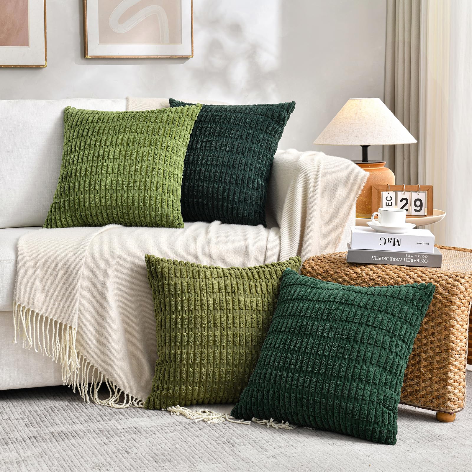 Fancy Homi 4 Packs Decorative Throw Pillow Covers for Living Room Couch Bed, Modern Farmhouse Boho Home Décor Accent Cushion Case, 18" x 18", Forest Green
