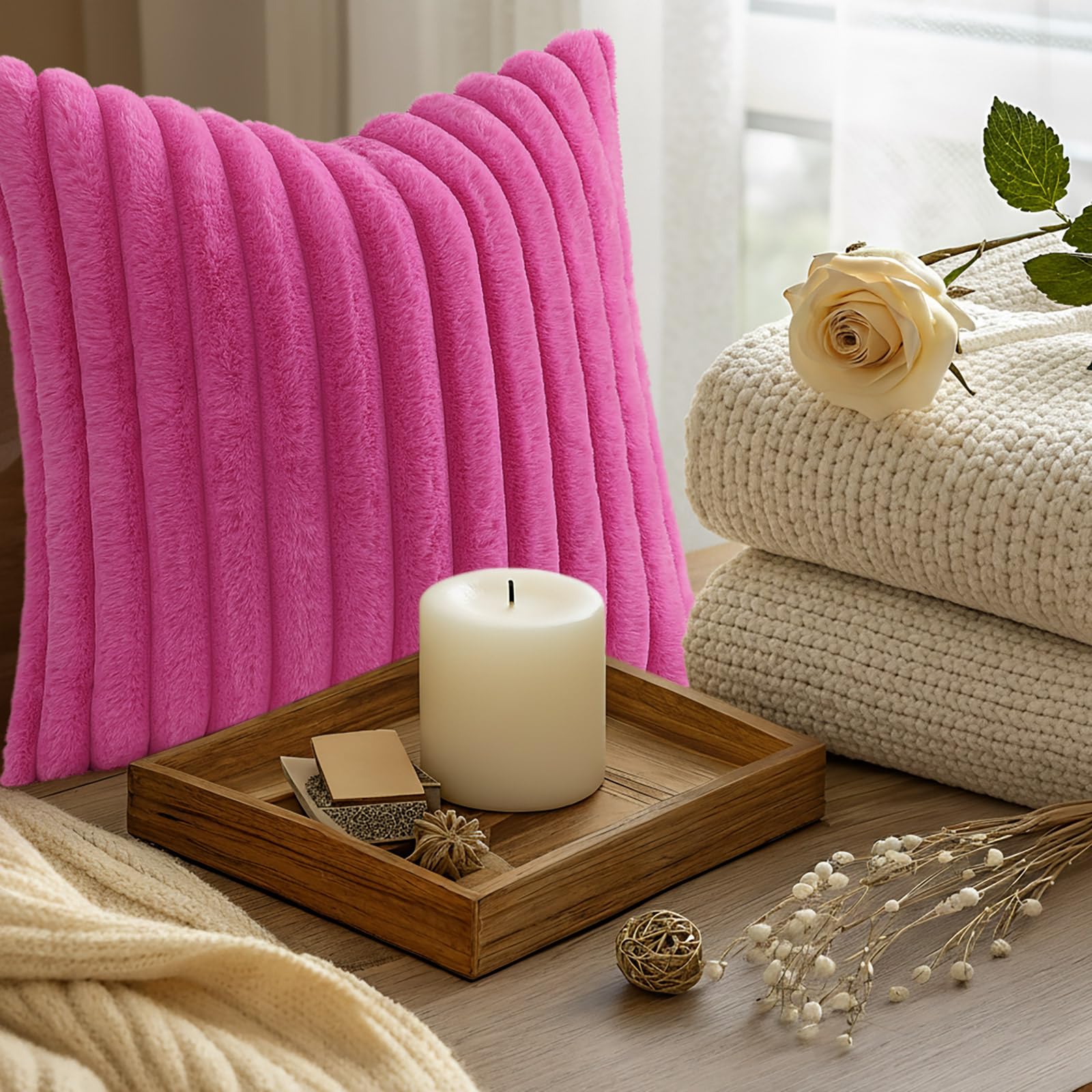 decorUhome Fall Faux Fur Throw Pillow Covers 24x24 Set of 2 Hot Pink