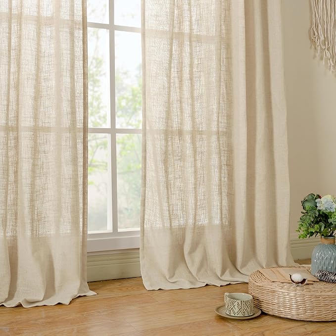 LAMIT Light Filtering Sheer Linen Curtains 102 inches Long, Linen Textured Semi Sheer Back Tab and Rod Pocket Natural Boho Drapes for Living Room/Farmhouse, 2 Panels, Linen, 52 x 102 Inch
