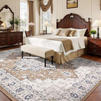 Rugflix 9x12 Area Rug for Living Room, Vintage Washable Area Rug Non Slip Backing Low Pile, Floral Soft Foldable Carpet for Bedroom Dining Room, Brown/Beige