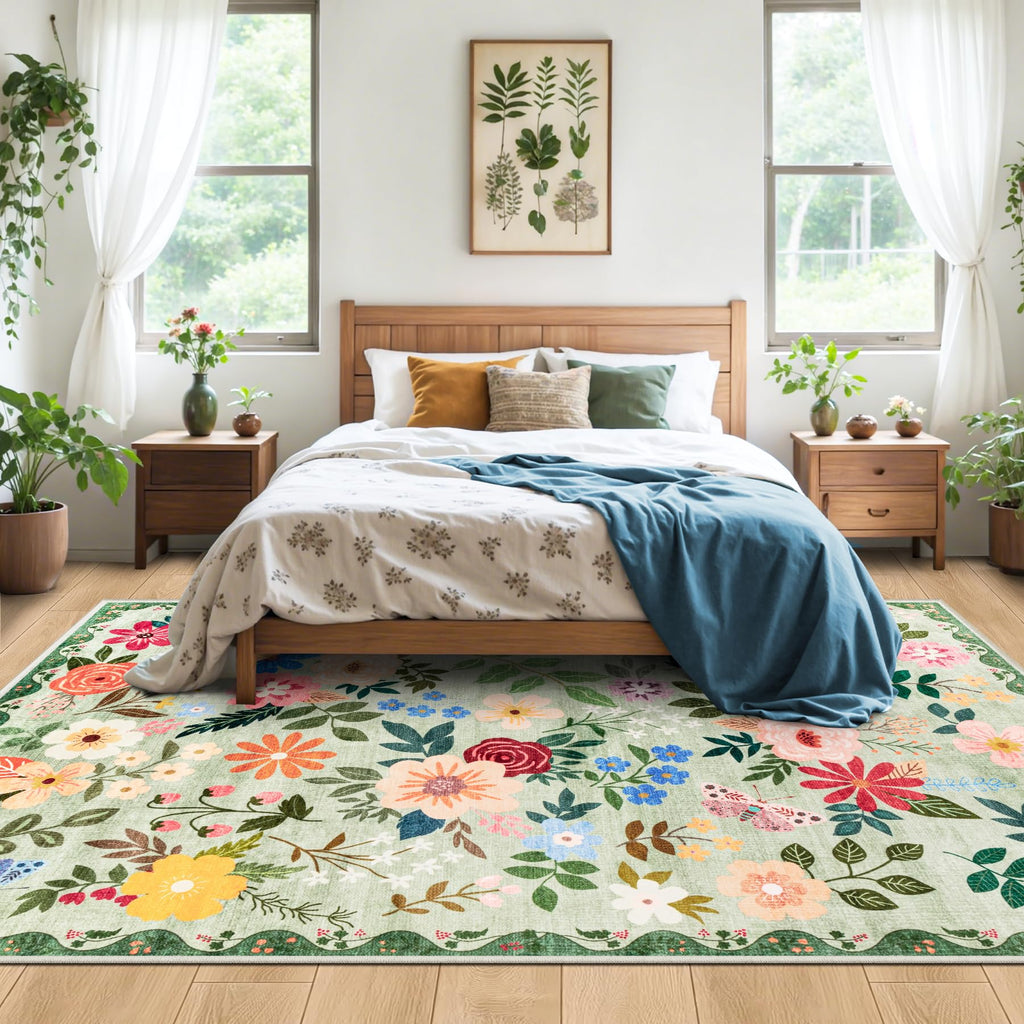 PLHXFR 8x10 Area Rug Living Room: Floral Washable Boho Soft Carpet Green