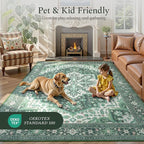 Rugflix 3x5 Area Rugs for Living Room, Machine Washable Rug Non Slip Stain Resistance, Small Rug Vintage Distressed Soft Carpet for Bedroom, Dining Room, Home Office, Green