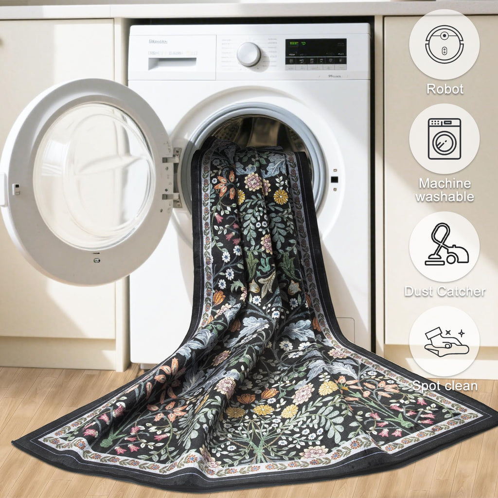 PLHXFR 2x3 Small Entryway Rug: Floral Washable Indoor Carpet Dark Black