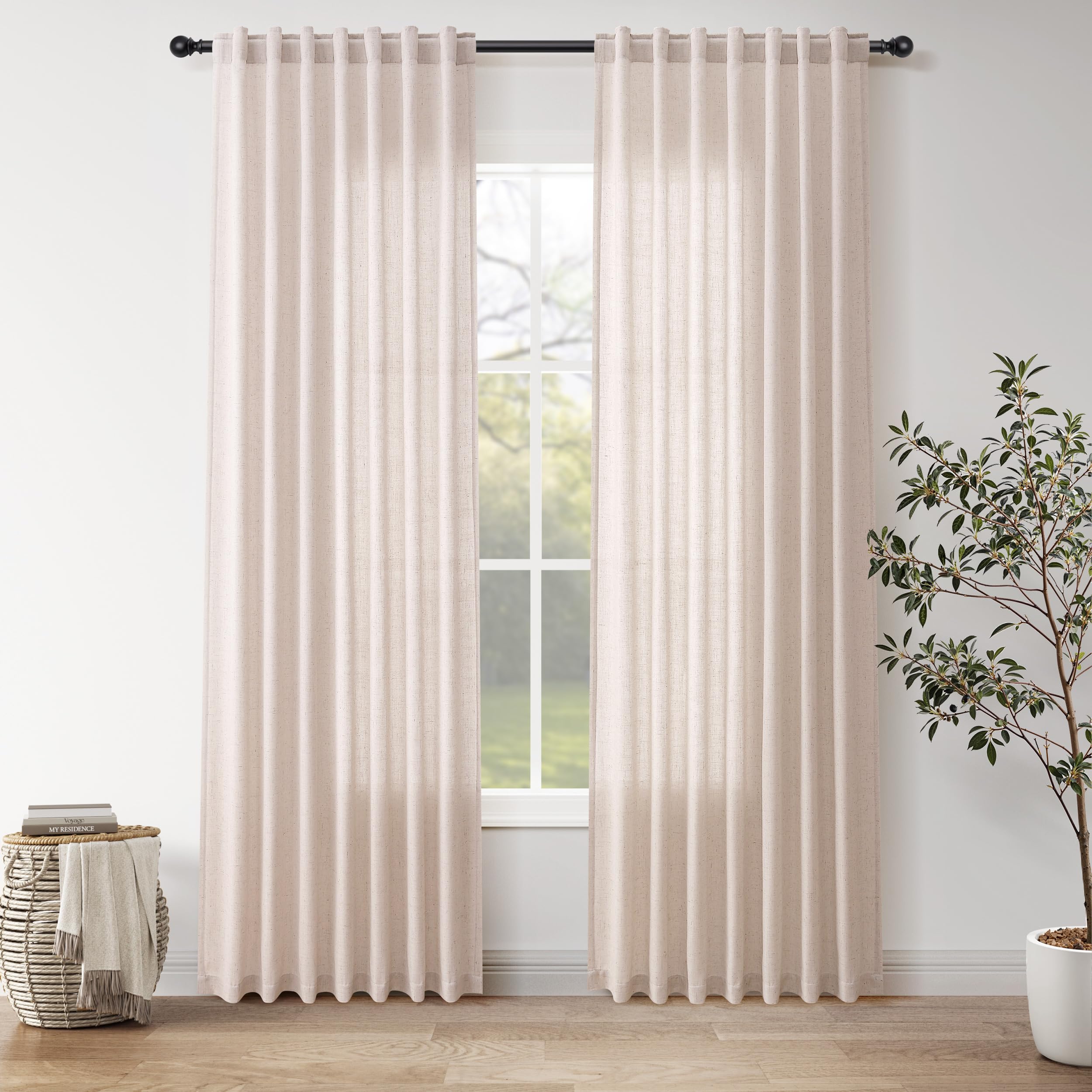 Nanspring Natural White Linen Curtains 84 Inch Length for Living Room Burlap Light Filtering Semi Sheer Curtain Back Tab Neutral Farmhouse Privacy Drapes for Bedroom Office 52x84, 2 Panels
