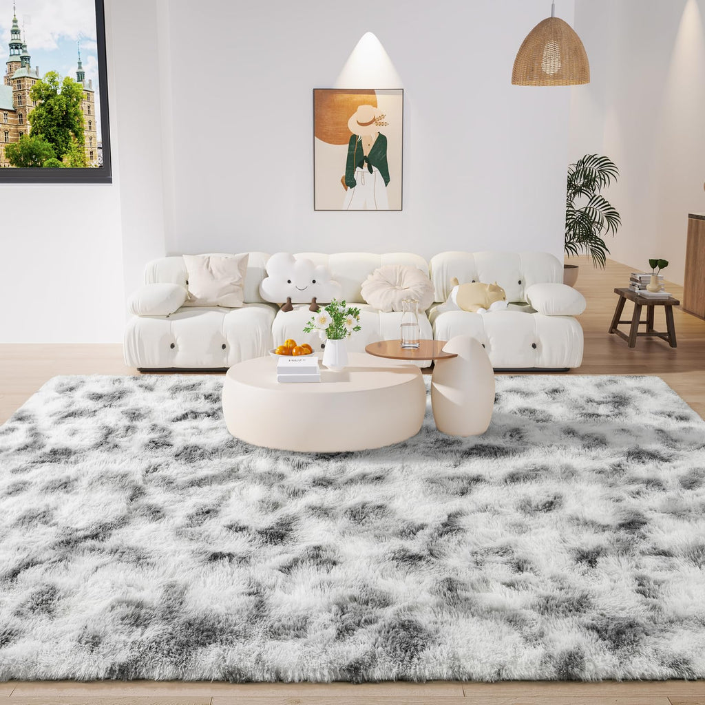 LOCHAS 8x10 Area Rugs Fluffy Living Room Bedroom Rug, Tie-Dyed Grey & White
