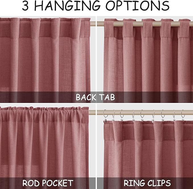 Canyon Rose Linen Curtains for Living Room 98 Inches Long Light Filtering Semi Sheer Curtain Back Tab Modern Farmhouse Decor Elegant Luxury Boho Girl Drapes for Bedroom Dinner Room 52x98, 2 Panels