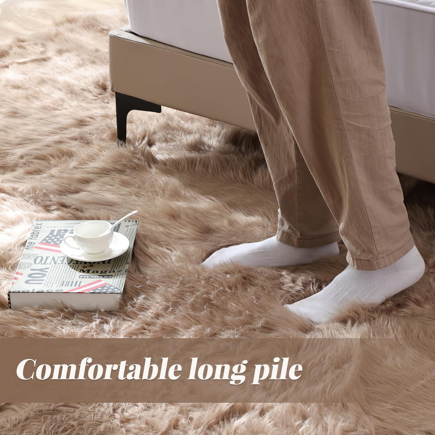 ORINOVA Beige Faux Sheepskin Fluffy Fur Rugs for Bedroom Machine Washable 2x4 Shag Area Rugs for Living Room Office Furry Nursery Rug