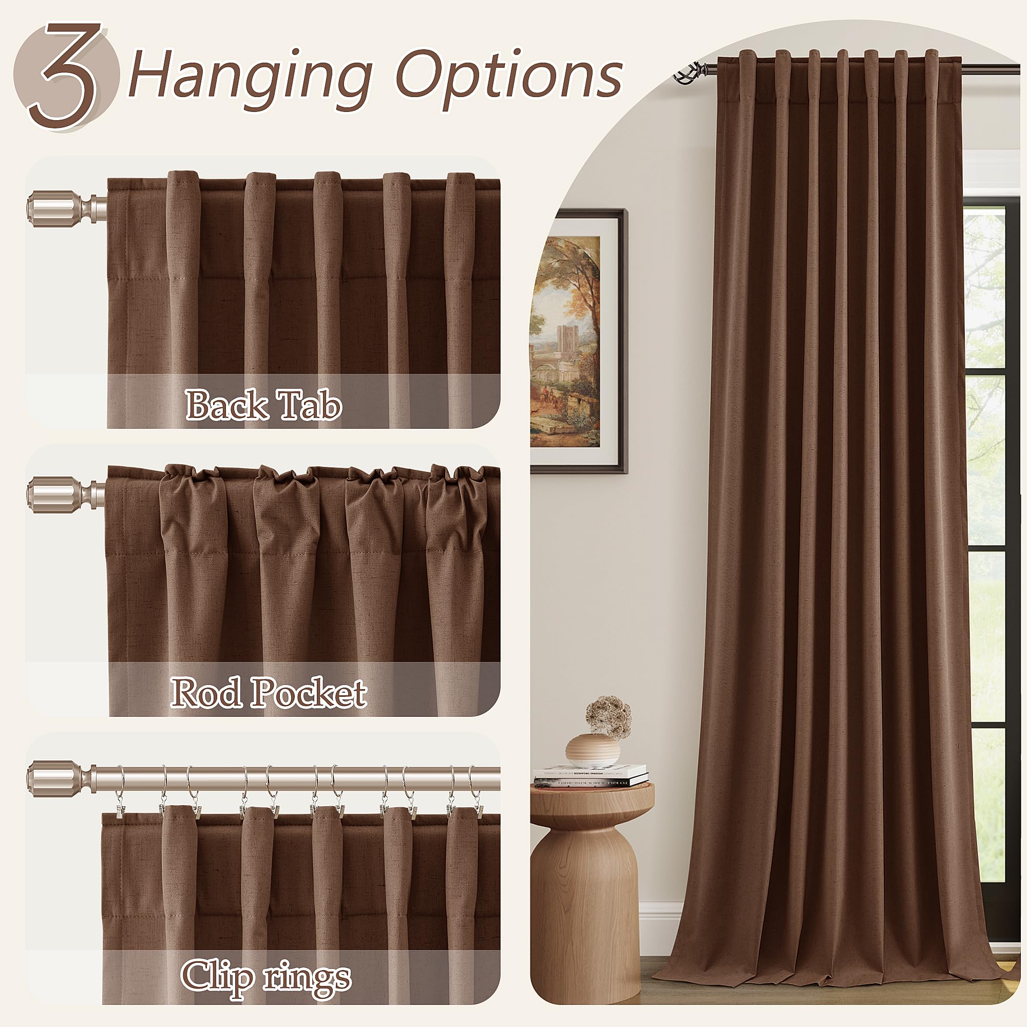 Rustic Brown 100% Blackout Linen Curtains 108 Inch Length 2 Panels Set for Living Room Bedroom Back Tab Thermal Insulated Black Out Drapes Room Darkening Farmhouse Style for Bedroom Window Curtains