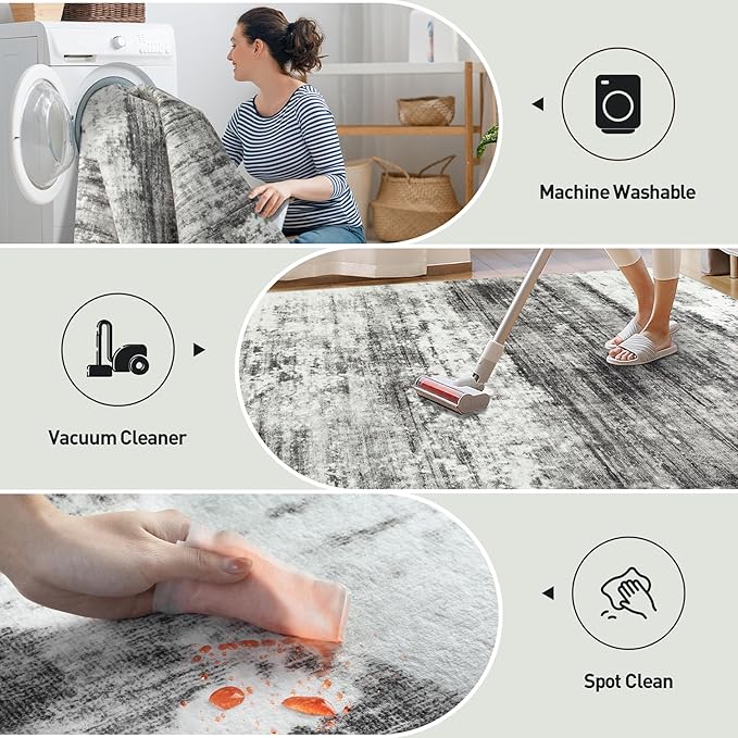 9x12 Area Rugs for Living Room: Washable Abstract Black Grey Badroom Carpet