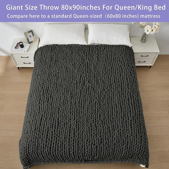 Bigacogo Chunky Knit Throw Blanket for Couch, 80x90 inches, Dark Grey