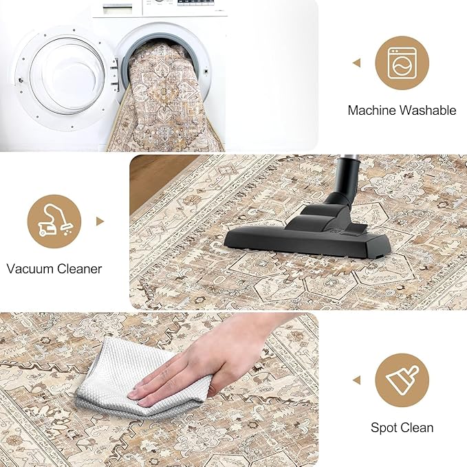 Yamaziot Washable Runner Rug, 3x6 Non-Slip Boho Vintage Hallway Rug with Rubber Backing, Low Pile Faux Wool Distressed Carpet Runner for Bedroom, Kitchen, Laundry, Entrance