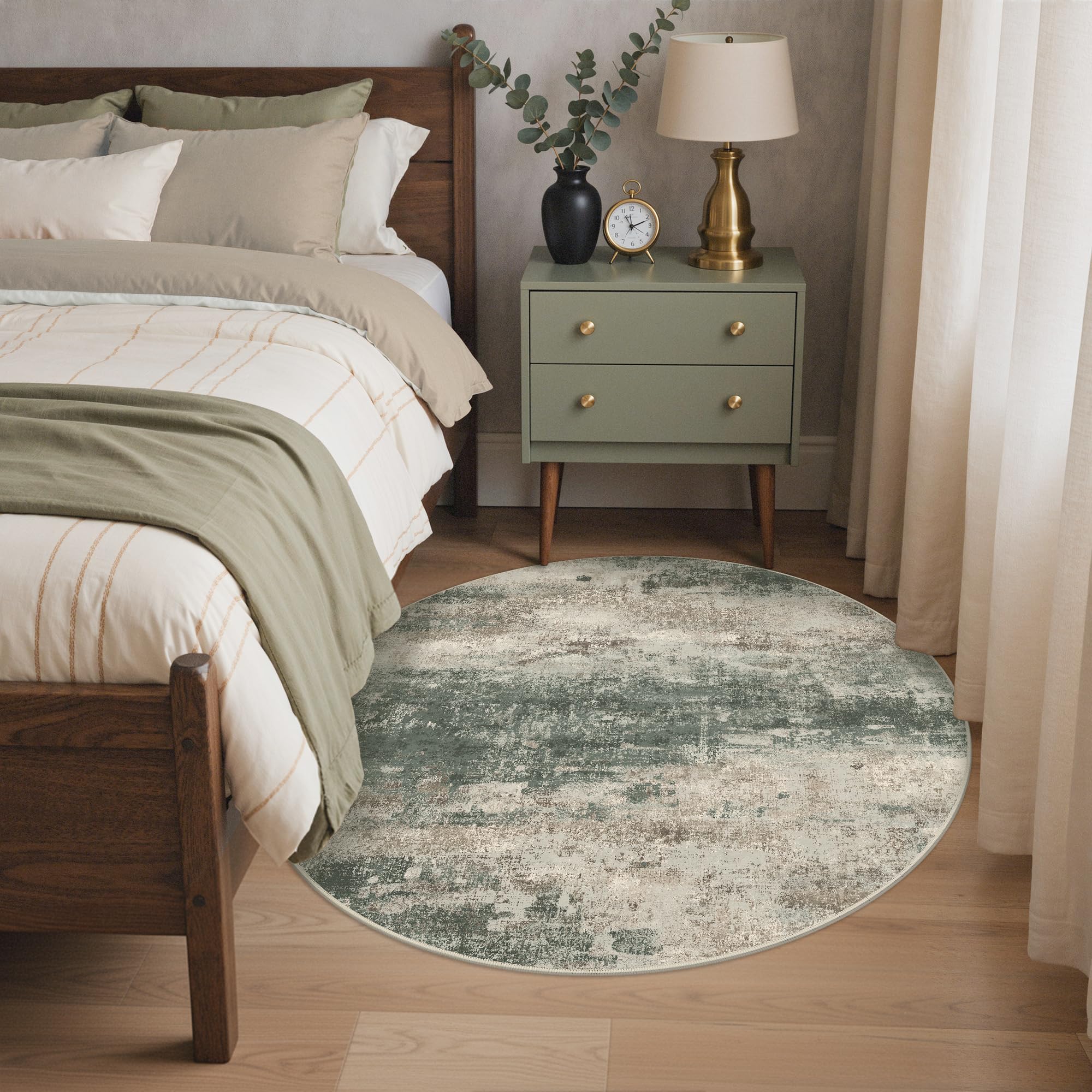 BEIMO 4FT Round Rug for Bedroom, Green Taupe Washable Abstract Non Slip Rug