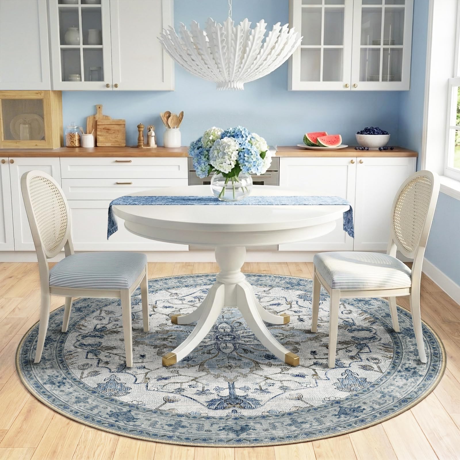 RELEANY Washable Area Rug, Round 6ft, Blue/White/Gray