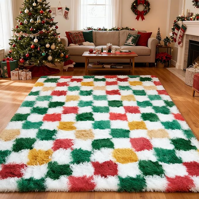 Checkered Area Rug 4x6 for Bedroom Living Room, Christmas Shag Rug Fuzzy Shaggy Bedside Carpet, Indoor Plush Floor Rugs for Holiday Home Decor