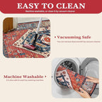 SERISSA Boho Round Area Rug, 5ft Washable Non-Slip Circle Rug, Ultra Soft Oriental Vintage Rust Low-Pile Circular Carpet for Bedroom Entryway Kids Room Office College Dorm Living Room