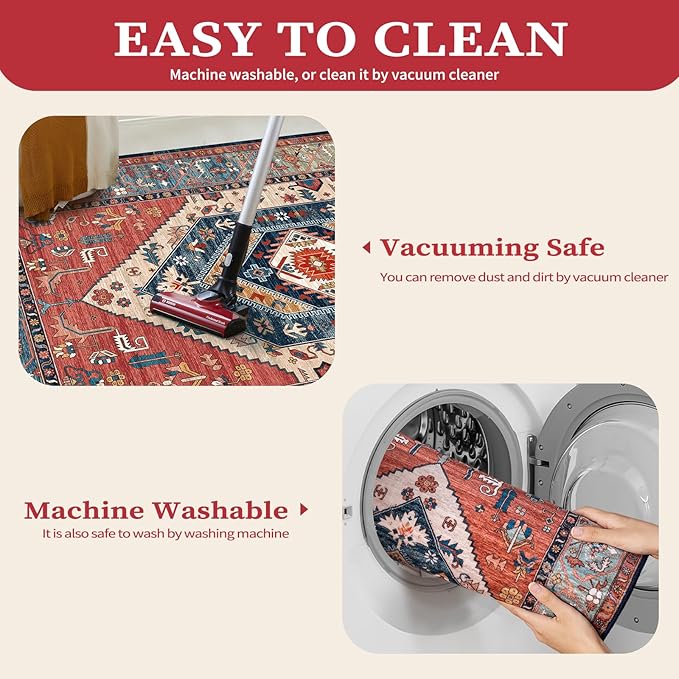 SERISSA Washable Rugs 6x9 Area Rugs, Large Non-Slip Boho Living Room Rust Rug, Ultra Soft Vintage Print Distressed Oriental Tribal Farmhouse Carpet for Dining Room Bedroom Dorm Office Home Decor