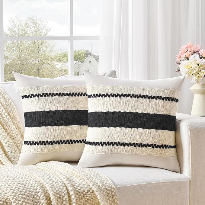 Fancy Homi Set of 1 Boho Black Decorative Throw Pillow Cover 22x22 Inch for Couch Bed Sofa, Aesthetic Modern Organic Farmhouse Home Decor, Soft Cotton Cute Accent Macrame Woven Cushion Case
