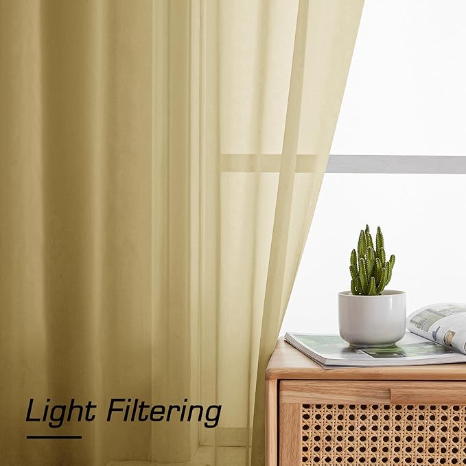 Simplebrand Rod Pocket Top Solid Voile Sheer Curtains for Bedroom, 54 Inch Length Drapes Set of 2, Lightweight and Light Filtering Elegant Curtains Panels Window Treatment, 42W×54L, Gold