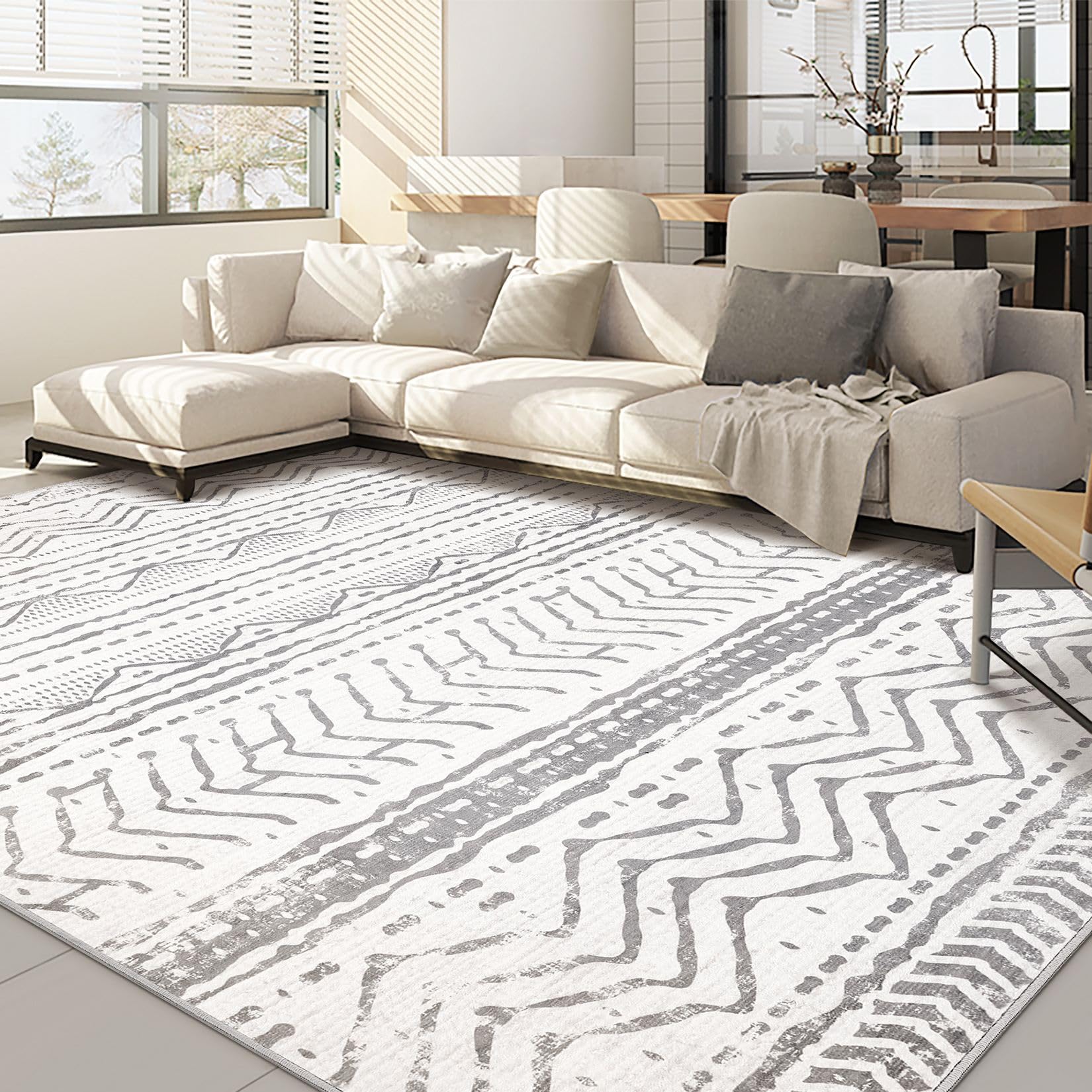 Nakagishi Area Rugs 9x12 Living Room: Washable Boho Large Neutral Modern Soft Farmhouse Rug Stain Resistant Indoor Non-Slip Accent Carpet for Bedroom Nursery Kids Playroom Office Dining Room- Gray