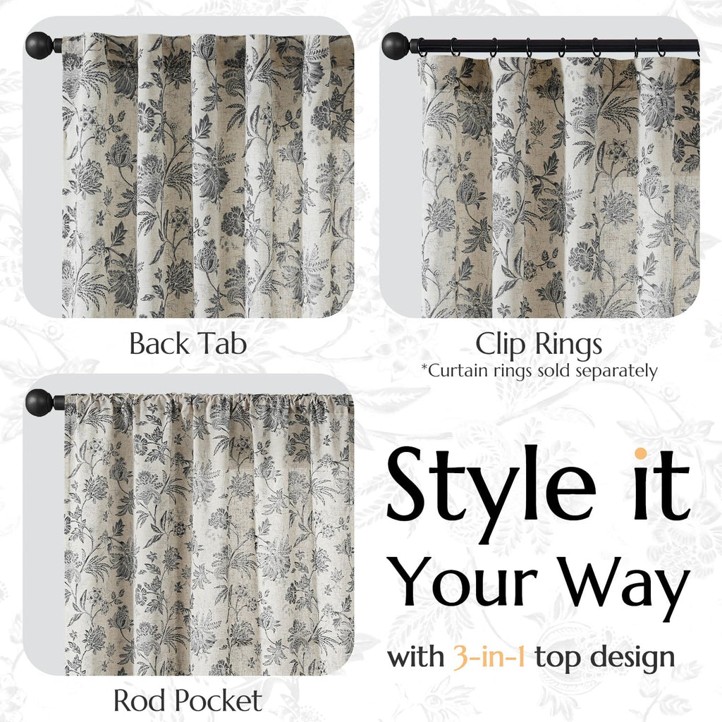 jinchan Linen Floral Curtains for Living Room with Printed Flower 84 Inches Long Light Filtering French Country Back Tab Rod Pocket Black Window Curtain Set Farmhouse Drapes 2 Panels Black