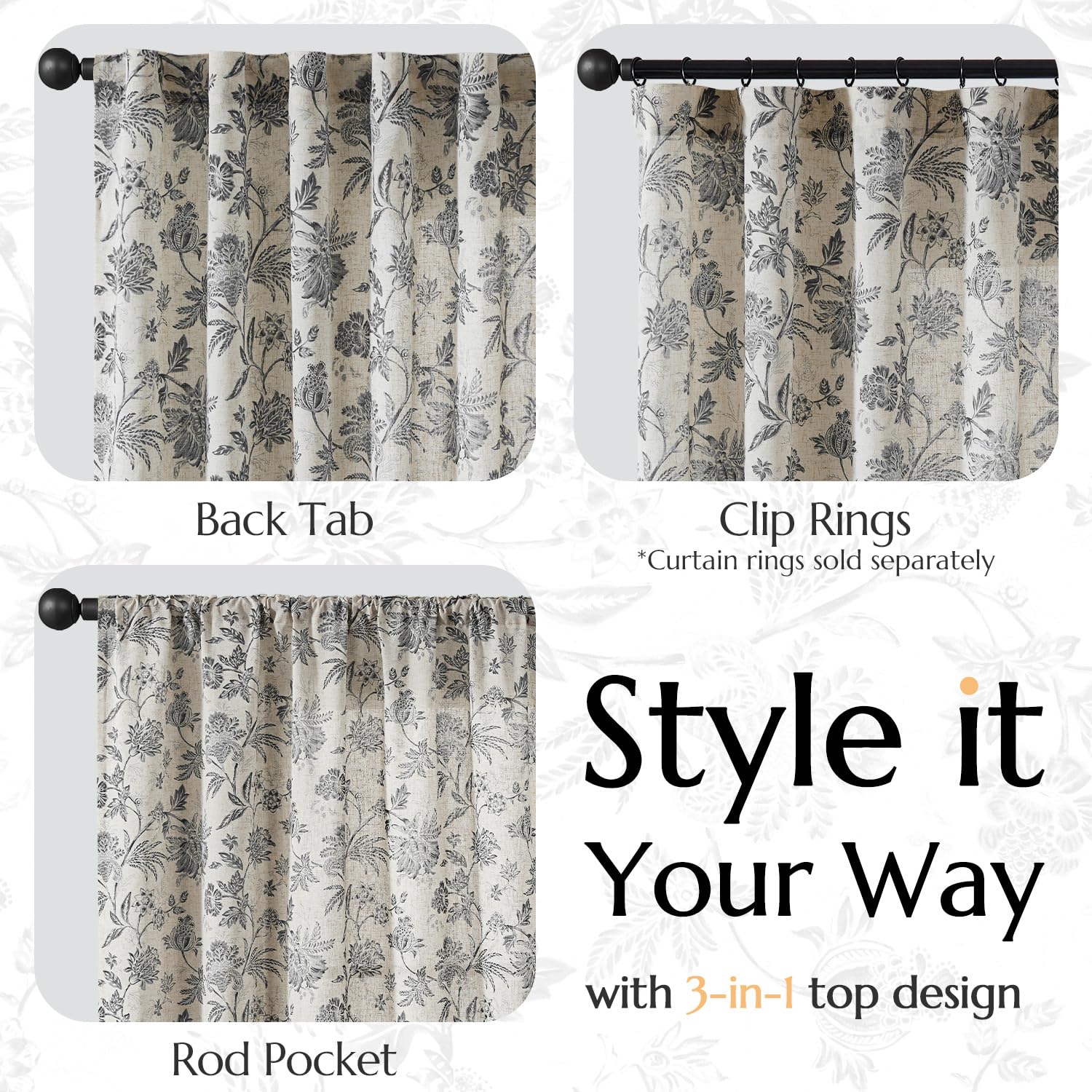 jinchan Linen Floral Curtains for Living Room with Printed Flower 84 Inches Long Light Filtering French Country Back Tab Rod Pocket Black Window Curtain Set Farmhouse Drapes 2 Panels Black
