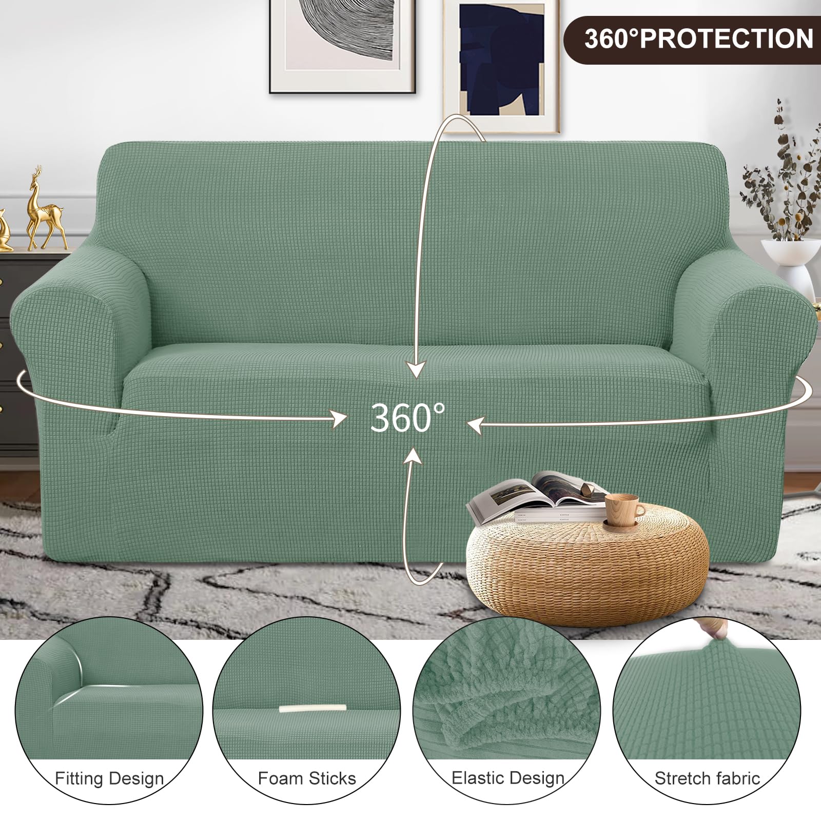U-NICE HOME Oversized Stretch Loveseat Couch Cover, Cyan