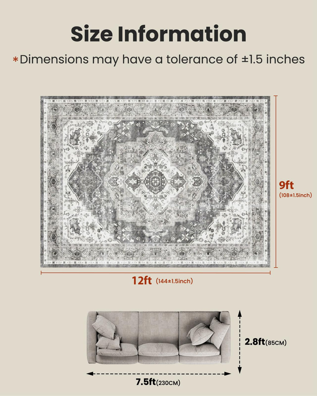 AMADA HOMEFURNISHING 9x12 Area Rug, Washable Low-Profile Large Area Rug with Non-Slip Backing & Durable Edge Binding, Vintage Large Rugs for Living Room, Bedroom