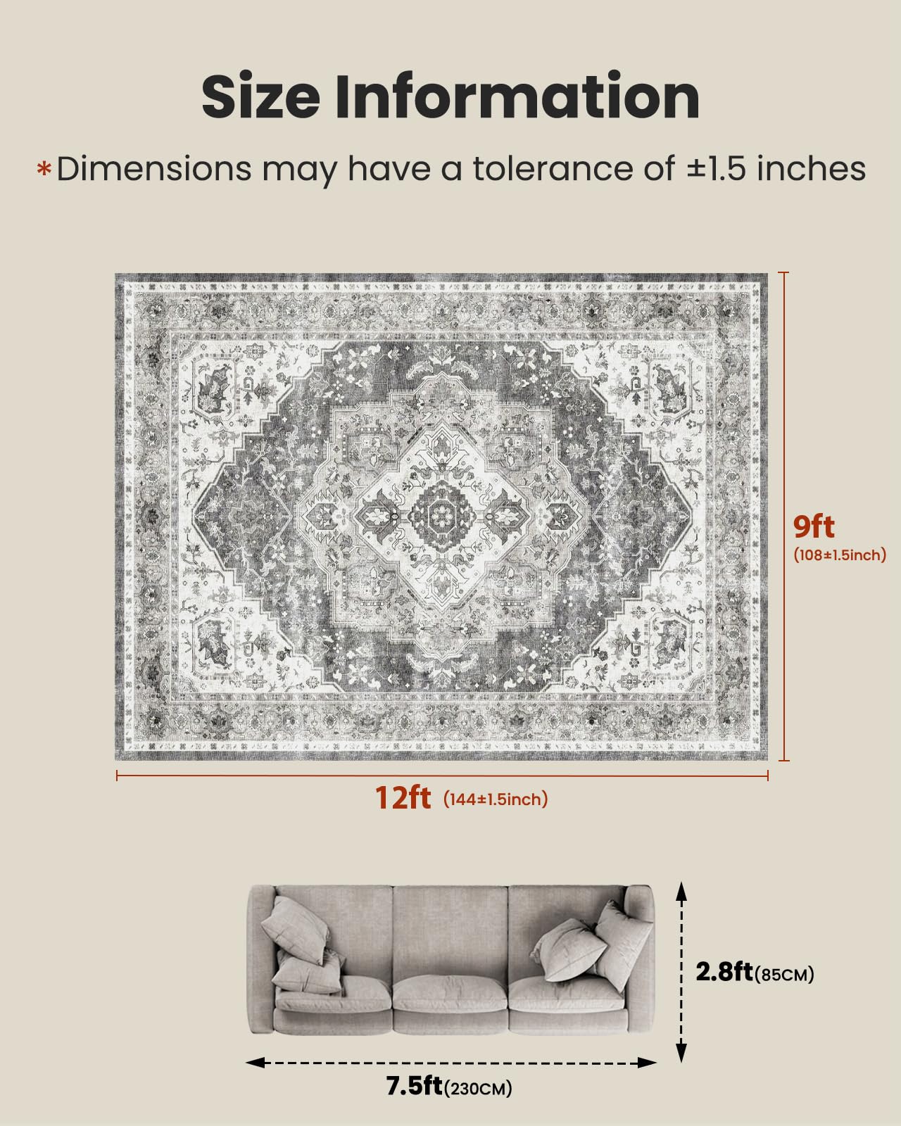 AMADA HOMEFURNISHING 9x12 Area Rug, Washable Low-Profile Large Area Rug with Non-Slip Backing & Durable Edge Binding, Vintage Large Rugs for Living Room, Bedroom
