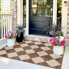 Brown Beige Checkered Entry Rug - 3x5 Non-Slip Washable Indoor Outdoor Front Door Mat Porch Rug Farmhouse Diamond Throw Carpet for Living Room Bedroom Entryway Kitchen Office Fall Porch Decor