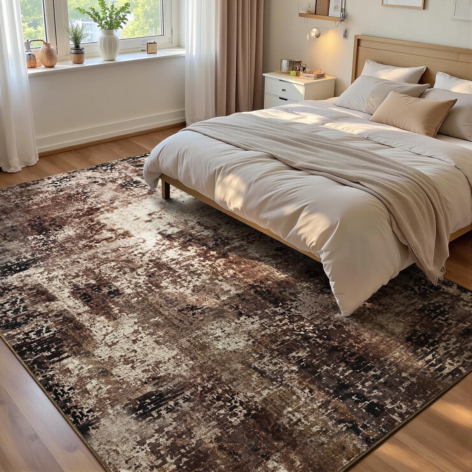 Ompaa Living Room Rug 5x7 Brown Area Rug Machine Washable Boho Coffee Rug Non Slip Abstract Vintage Indoor Large Rugs for Bedroom, Classroom, College Dorm, Farmhouse, Dining Room, Kids Playroom