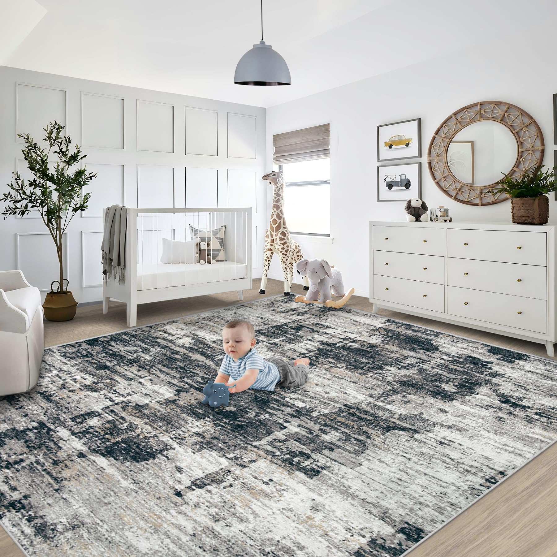 XLUEZ 8x10 Area Rugs for Living Room, Washable Modern Abstract Large Area Rug Neutral Soft Non Slip Kids Rug Stain Resistant Indoor Carpet for Bedroom Nursery Dining Room Playroom(BlackGrey, 8'x10')
