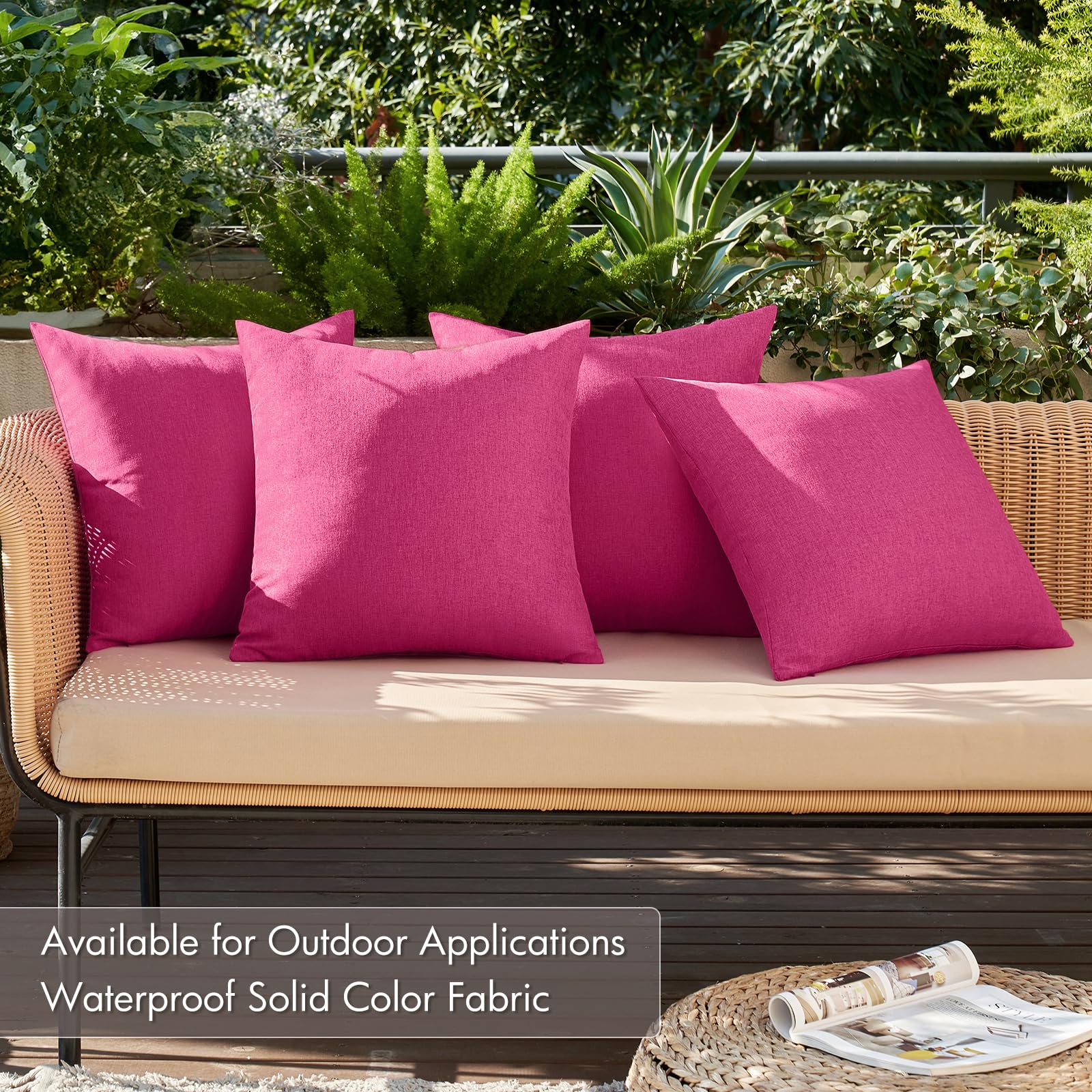MIULEE Pack of 4 Decorative Outdoor Throw Pillow Covers Linen Waterproof Pillow Covers Farmhouse Cushion Cases for Patio Garden Tent Balcony Couch Sofa 18x18 inch Hot Pink
