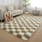 Checkered Area Rugs for Living Room 8x10, Fluffy Beige and White Checkered Rug Fuzzy Shag Shaggy Carpets for Bedroom, Soft Plush Furry Rug for Boy Girls Room Dorm Home Decor