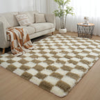 Checkered Area Rugs for Living Room 8x10, Fluffy Beige and White Checkered Rug Fuzzy Shag Shaggy Carpets for Bedroom, Soft Plush Furry Rug for Teen Room Dorm Home Decor