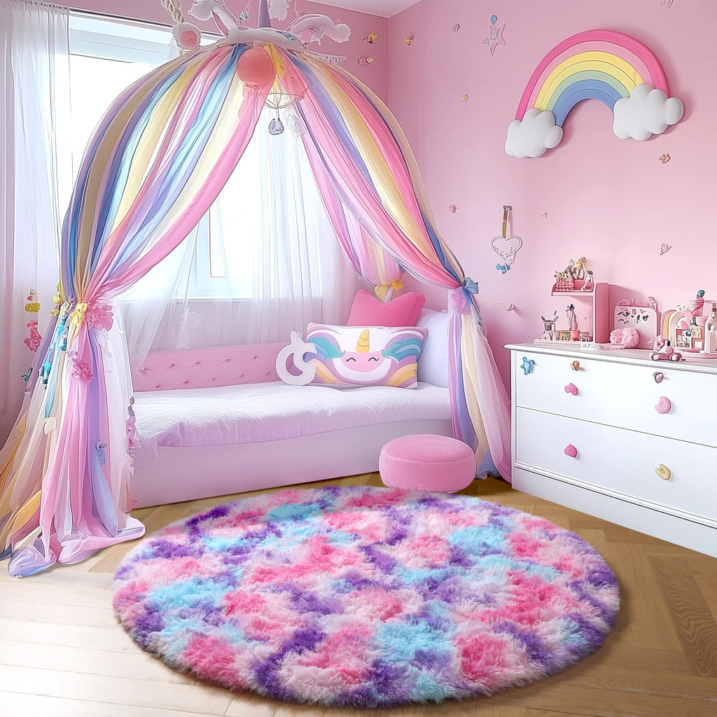 Amdrebio Pink Blue Purple Fluffy Large Round Rug 6Ft for Girls Kids Bedroom