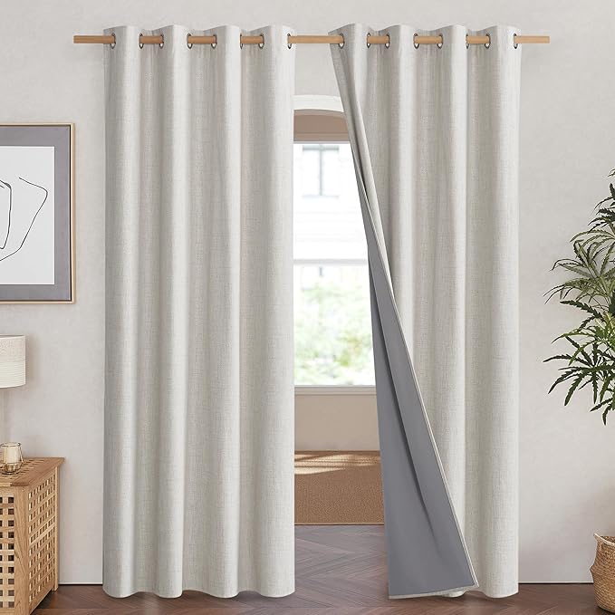 NICETOWN Snowbound Vintage Linen 100% Blackout Curtains for Living Room, Thermal Insulated Curtains 90" Long, Noise Reducing Window Treatment Drapes for Home Cinema, 52" Wide Per Panel, Set of 2