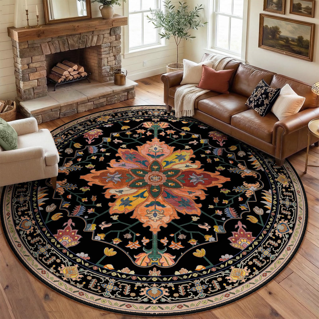 RELEANY Washable Area Rug, Round 8ft, Black/Colorful
