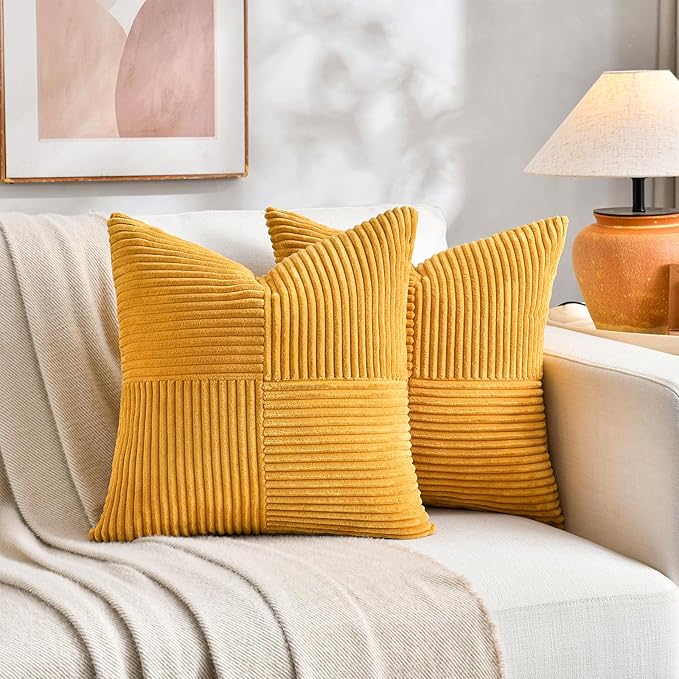 Fancy Homi 2 Packs Gold Yellow Spring Decorative Throw Pillow Covers 16x16 Inch for Couch Bed Sofa, Rustic Farmhouse Boho Home Decor, Soft Corss Patchwork Corduroy Textured Square Cushion Case 40x40cm