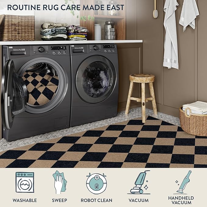 Lahome Colette Checkered Easy Jute Runner Rug, 2x6 Kitchen Mats for Floor Washable Entryway Runner, Checkerboard Black Indoor Outdoor Carpet for Hallway 6ft Entry Laundry