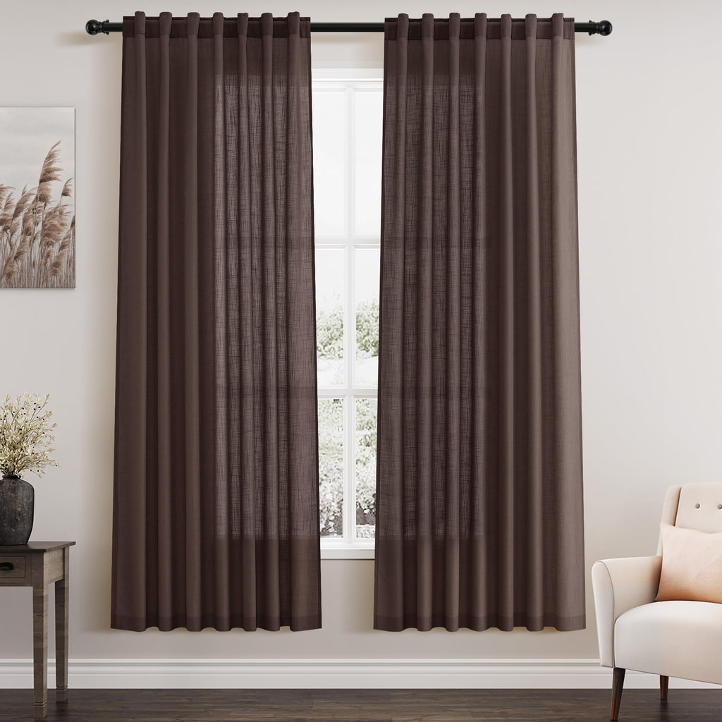 Nanspring Coffee Linen Curtains for Living Room Back Tab Light Filtering Privacy Semi Sheer Drapes Modern Farmhouse Decor Linen Textured Gauze Curtain for Bathroom Bedroom 2 Panels Set 52x72