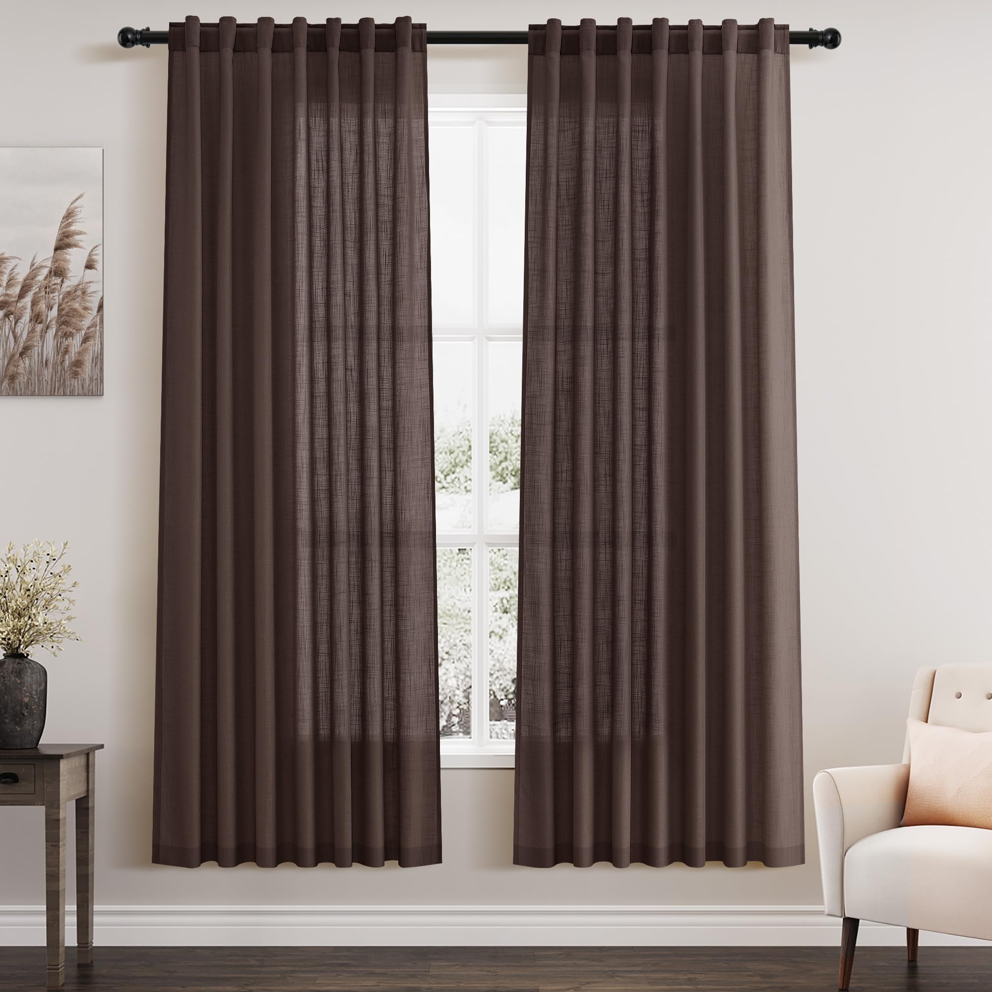 Nanspring Coffee Linen Curtains for Living Room Back Tab Light Filtering Privacy Semi Sheer Drapes Modern Farmhouse Decor Linen Textured Gauze Curtain for Bathroom Bedroom 2 Panels Set 52x72