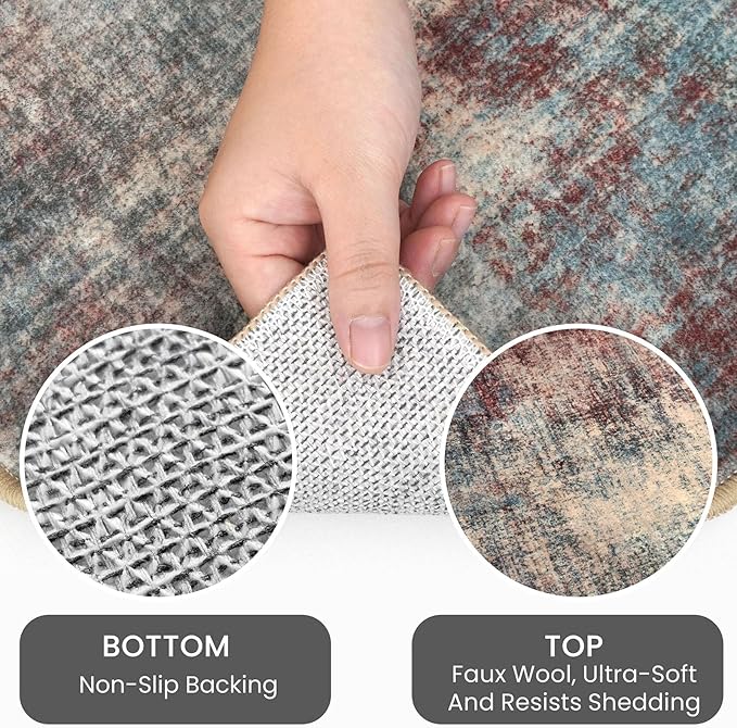 IOHOUZE Abstract Area Rug 4x6 Ft Washable Rugs for Entryway Indoor, Non Slip Small Living Room Rugs Printed Faux Wool Throw Rug, Floor Carpet for Kitchen Nursery Playroom, Red/Multi