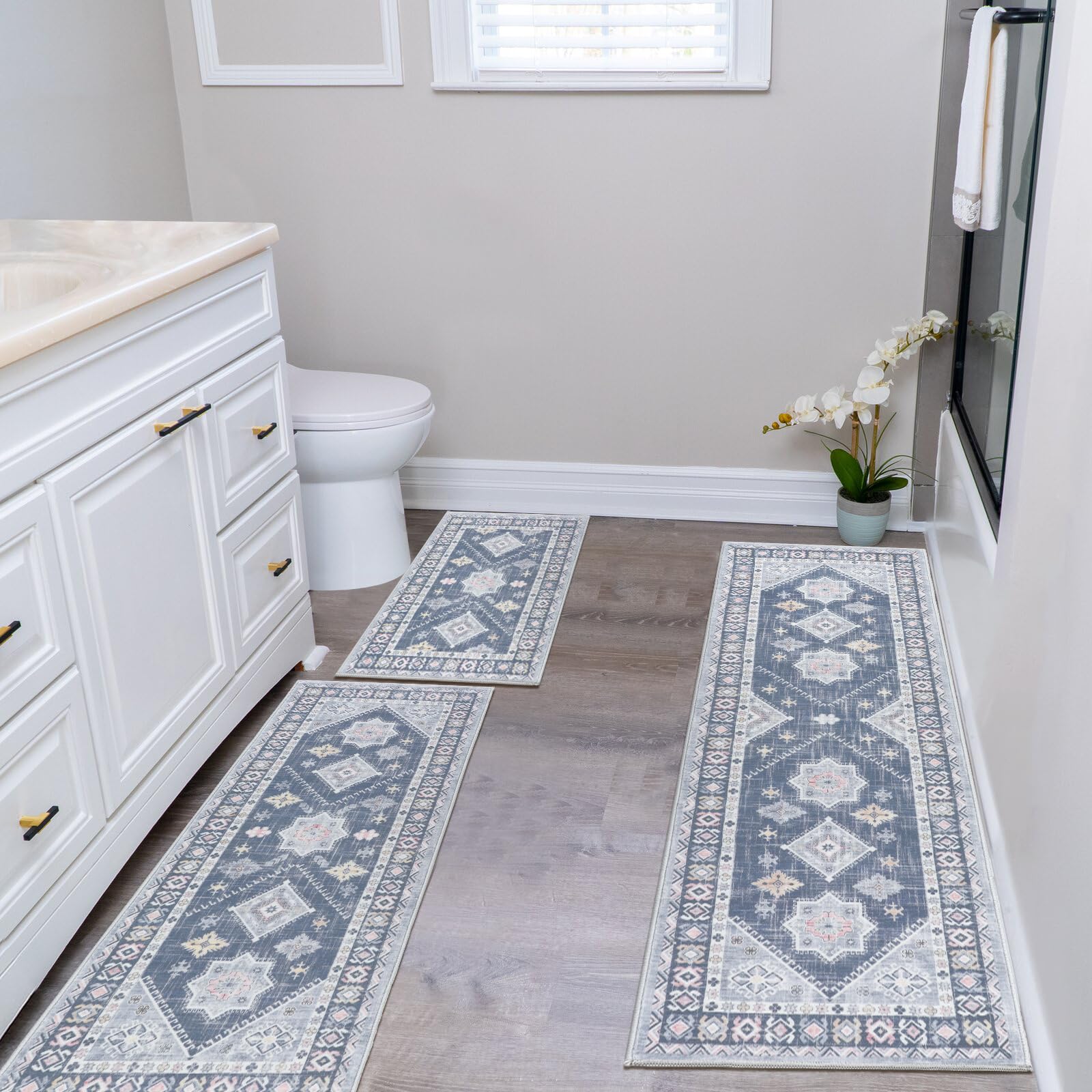 HEBE Boho Kitchen Rugs Set of 3, Non Slip Washable Kitchen Mats for Floor