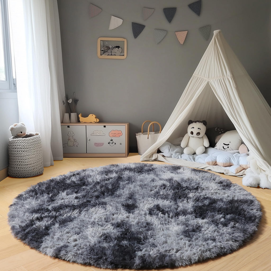 ONASAR Tie-Dyed Dark Grey Round Area Rug 4ft, Ultra Soft Bedroom Circle Rugs for Kids Girls Boys Teen, Fluffy Plush Shaggy Carpet Floor Mats for Nursery Dorm Living Room Office Home Decor