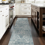 2'6"x8 Washable Runner Rug: Vintage Non-Slip Medallion Rug for Kitchen Blue